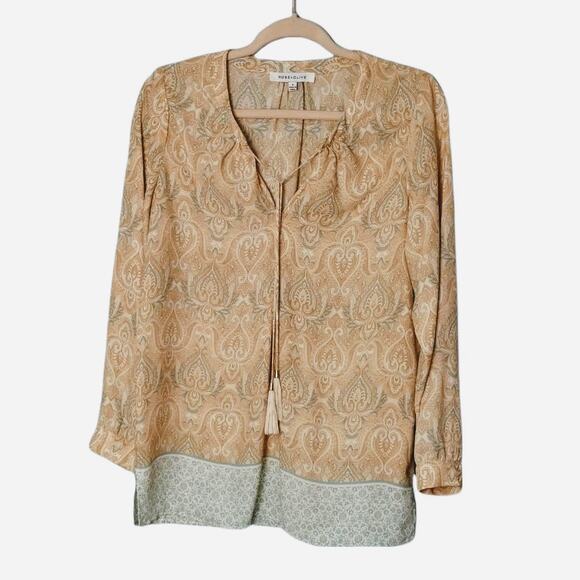 Rose & Olive Tops - ROSE‎ + OLIVE Womens Beige Tan S Tunic Top Long Sleeve Paisley Print Boho V-Neck